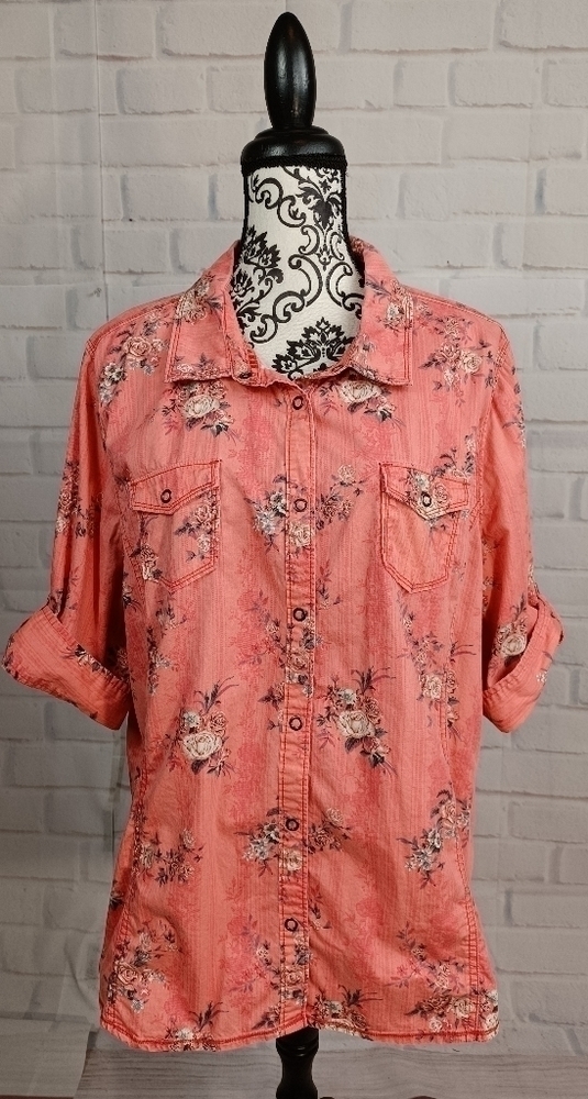 Legacy Falls women's snap top short tab sleeve floral print pockets sz xxl b5